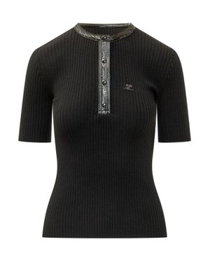 Courreges Ribbed Short Sleeve Top - Black