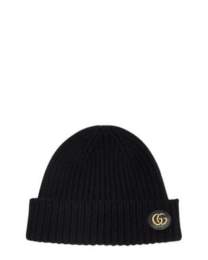 Gucci Double G Wool-Cashmere Ribbed Beanie With Logo - Black