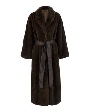 Le Plain Faux Fur Long Jacket With Adjustable Waist Belt For - Black