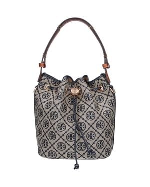 Tory Burch Monogram Drawstring Bucket Bag - Gray