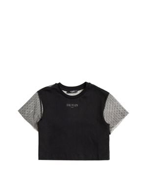 Balmain Mini Tulle Sleeve Top With Front Logo - Black