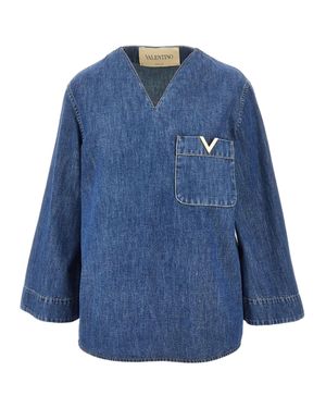 Valentino Denim Chambray Shirt With V - Blue