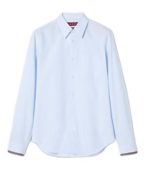 Gucci Striped Cotton Button-Down Shirt With Web-Patterned Trim & Pointed Collar - Blue