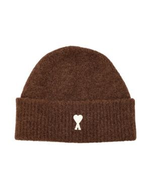 Ami Paris Wool-Blend Ribbed Beanie Hat - Brown