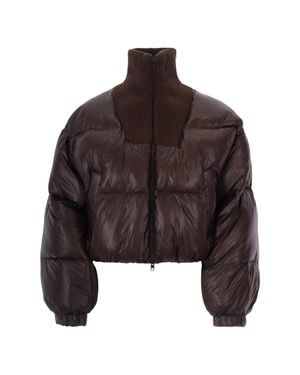 DIESEL Ribbed Knit Funnel Neck Puffer Jacket With Two-Way Zipper - Brown