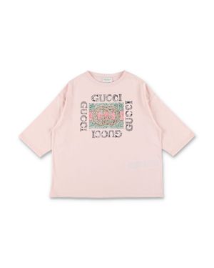 Gucci Girls Cotton Graphic T-Shirt With Yuko Higuchi Artwork And Interlocking G Floral Print - Pink