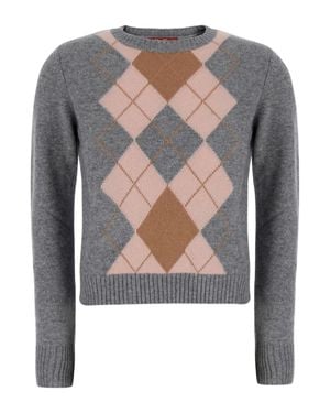 Max Mara Argyle Wool & Cashmere Crewneck Sweater With Ribbed Edges - Gray