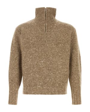 AURALEE Biscuit-Melange Wool Homespun Knit Top With High Neck And Short Zip Placket - Natural