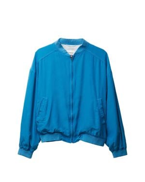Versace Silk Relaxed Fit Long Sleeve Jacket With Front Zip Closure - Blue
