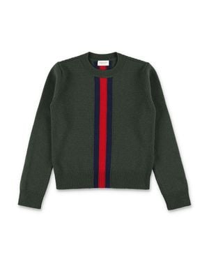 Gucci Boys Wool Crewneck Sweater With Iconic Vertical Web Stripe - Green