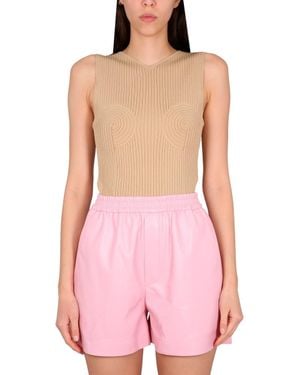 Nanushka Ribbed V-Neck Top Viscose Tops - Pink