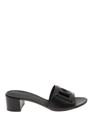 Dolce & Gabbana Low Heel Leather Flat Sandal With Dg Cut-Out Detail - Black
