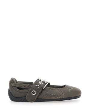 PUMA Speedcat Leather Ballet Flats With Adjustable Buckle Strap And Front Logo - Gray