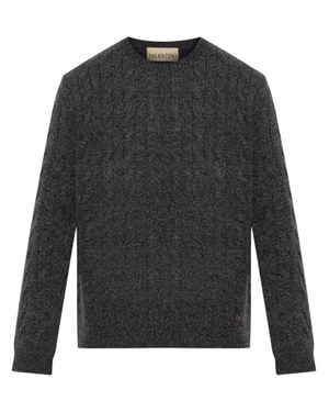 Valentino Merino Wool Cable Knit Sweater With Regular Fit And Crew Neck - Gray