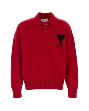 Ami Paris Virgin Wool Polo Shirt - Red