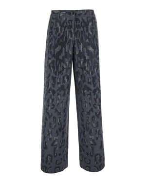 Pinko Wide-Leg Pants With Leopard Motif And Rhinestone Embellishment - Blue