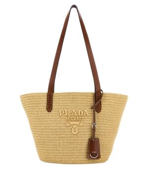 Prada Raffia Bucket Handbag With Buffalo Leather Trim 25 Cm Width, 24 Cm Height, 13 Cm Depth - Metallic