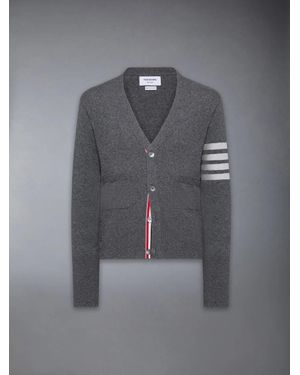 Thom Browne Classic V-Neck Cardigan With-Bar Stripe - Gray