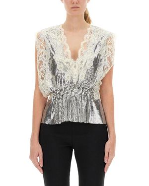 Rabanne Lace-Insert Mesh Gathered-Waist Top - White