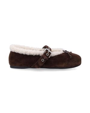 Miu Miu Suede & Shearling Mini Ballerina Flats With Buckled Strap - Brown