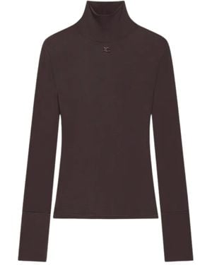Courreges High-Neck Logo T-Shirt With Long Sleeves And Buttoned Cuffs - Brown