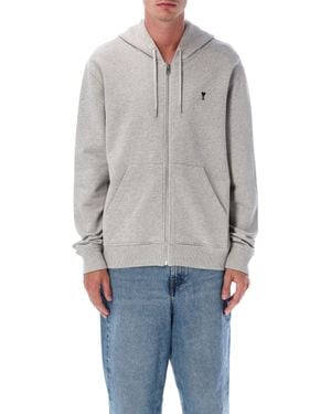 Ami Paris Zip-Front Loopback Cotton Hoodie With Of Coeur Embroidery - Gray