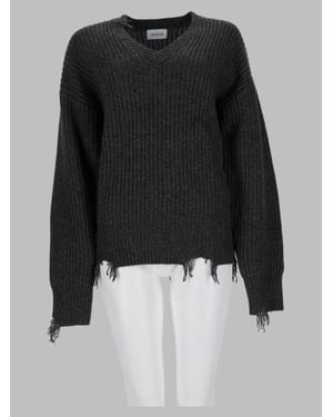 AMISH Distressed V-Neck Knit Sweater With Frayed Hem - Black