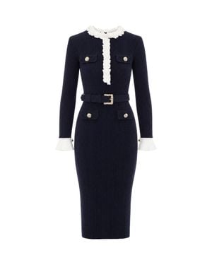 Self-Portrait Floral Trim Ribbed Knit Midi Dress - Blue