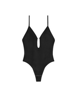 DIESEL Deep V-Neck Open-Back Bodysuit With Tone-On-Tone Oval D Metal Plate (Size S) - Black