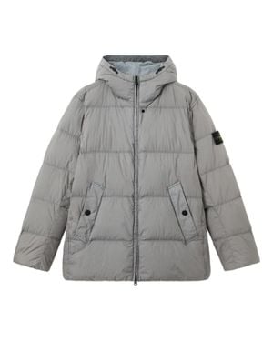 Stone Island Shaped Padded Hood Jacket With Double-Adjustable Drawstring, Slanted Snap Pockets & Two-Way Zip - Gray