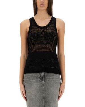 Moschino Textured Mesh Top With Bold Logo Design - Black