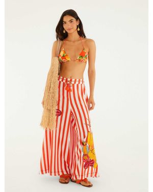 FARM Rio Striped Linen-Viscose Drawstring Pants With Embroidered Hem And Side Slits - White