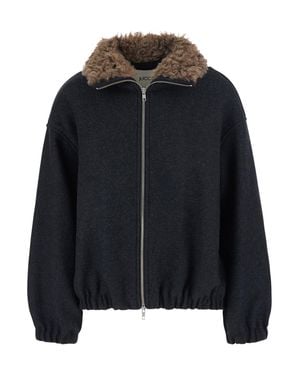 Jucca Wool Blend Bomber Jacket With Fur Collar And Dropped Shoulders - Black