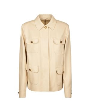 Max Mara 100% Cotton Concealed Button Jacket With Buttoned Pockets - Natural