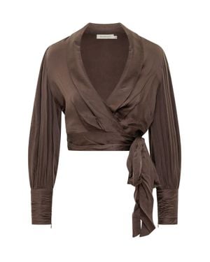 Zimmermann Style Silk Wrap Top - Brown