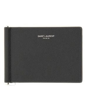 Saint Laurent Calfskin Card Case With Money Clip And 6 Card Slots - Black