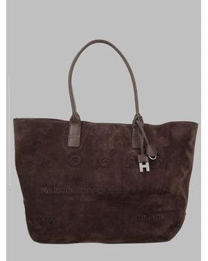 Hogan Suede Tote Bag With Embossed Logo Charm - Brown
