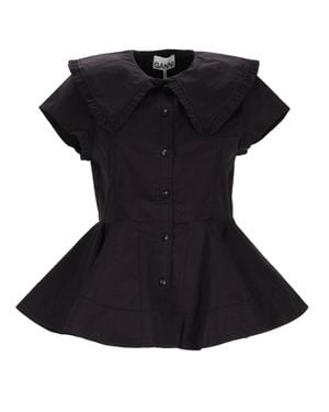 Ganni Solid Shirt Collar Top - Black