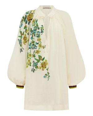 ALÉMAIS Deep V Tie Neck Dress With Balloon Raglan Sleeves And Toggle Belt - White
