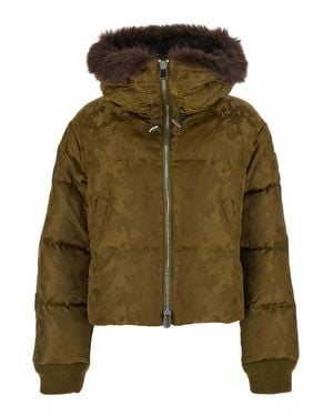 Pinko Down Jacket With Fur Hood, Military Print & Tech Fabric - Green