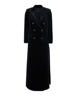 Le Plain Long Double-Breasted Velvet Jacket With Peak Revers - Black