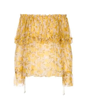 Chloé Puff-Sleeve Off-The-Shoulder Silk Blouse With Ruffled Flounce - Metallic