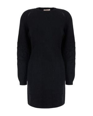 Twinset Tech Fabric Dress With Lace Details And Long Sleeves - Blue
