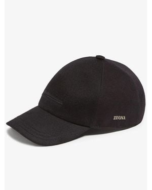 ZEGNA 100% Cashmere Logo-Detail Embroidered Hat With Elastic Back Closure - Black