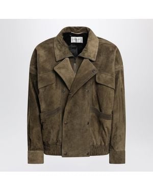 Saint Laurent Vintage-Effect Suede Bomber Jacket With Wide Collar And Patch Pockets - Green