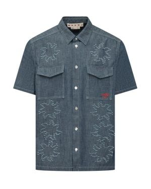Marni Embroidered Mini Shirt With Pocket Detail - Blue