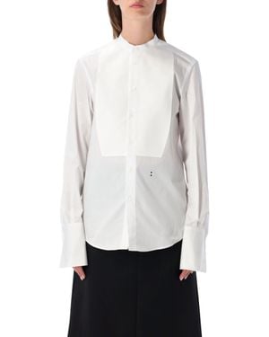 Fendi Tone-On-Tone Piqué Plastron Motif Shirt With Mandarin Collar And Wide French Cuffs - White