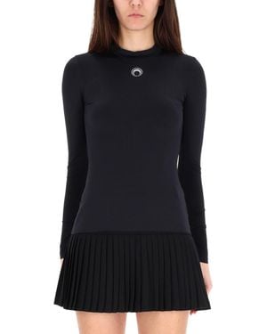 Marine Serre Long Sleeve Mock Neck Pleated Mini Dress - Black