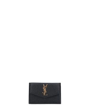 Saint Laurent Uptown Grained Leather Mini Card Holder With Logo Plaque And Snap Closure - White