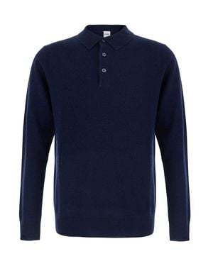 Aspesi Blend Wool & Cashmere Long Sleeve Polo Shirt With Classic Collar - Blue